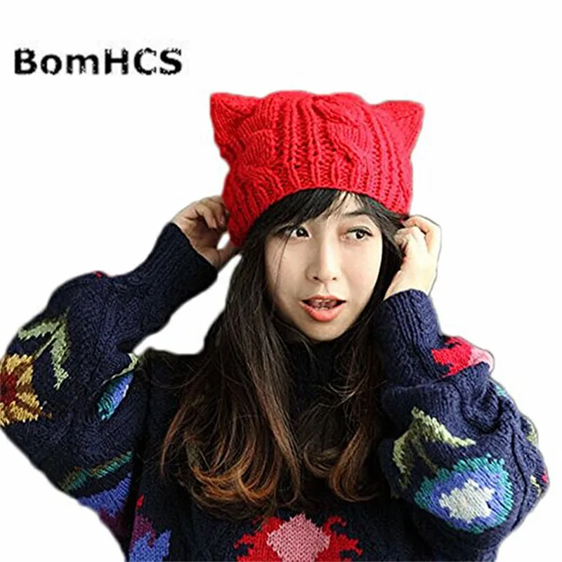 

BomHCS Cute Women's Winter Warm Cat Ear Beanie Crochet HANDMADE Knit Wool Hat