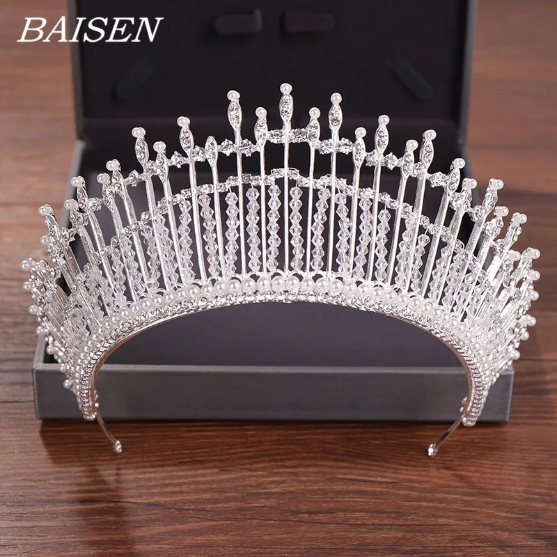 

Rhinestone Pearl Queen Wedding Tiara Bride Headpiece Wedding Hair Accessories Princess Pearl Crystal Tiara Baroque Diadem