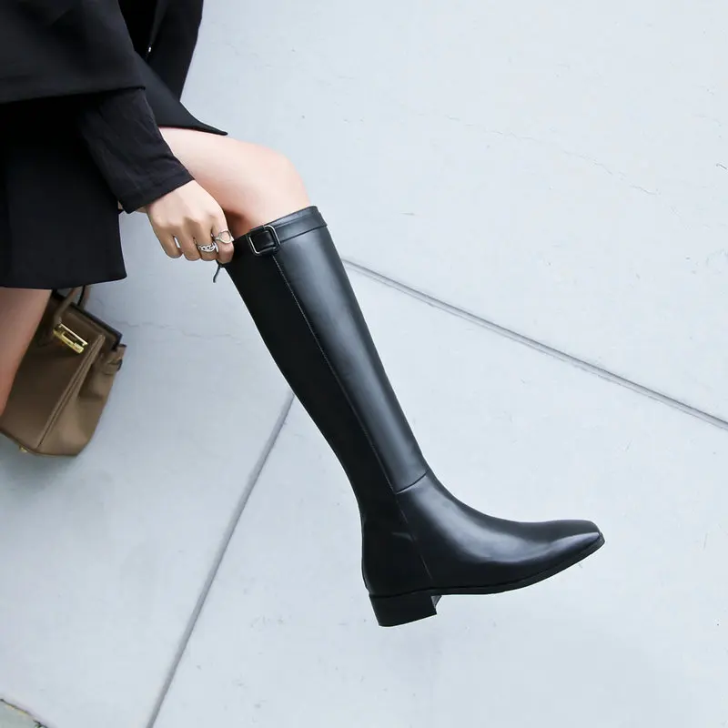 large size 34-43 low square heels genuine leather brand shoes women boots black square toe knee high boots