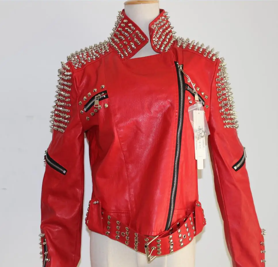 Кожаная женская куртка в стиле панк с заклепками, с шипами, мотоциклетная кожаная куртка с шипами, Весенняя коллекция, классические тяжелые металлические заклепки