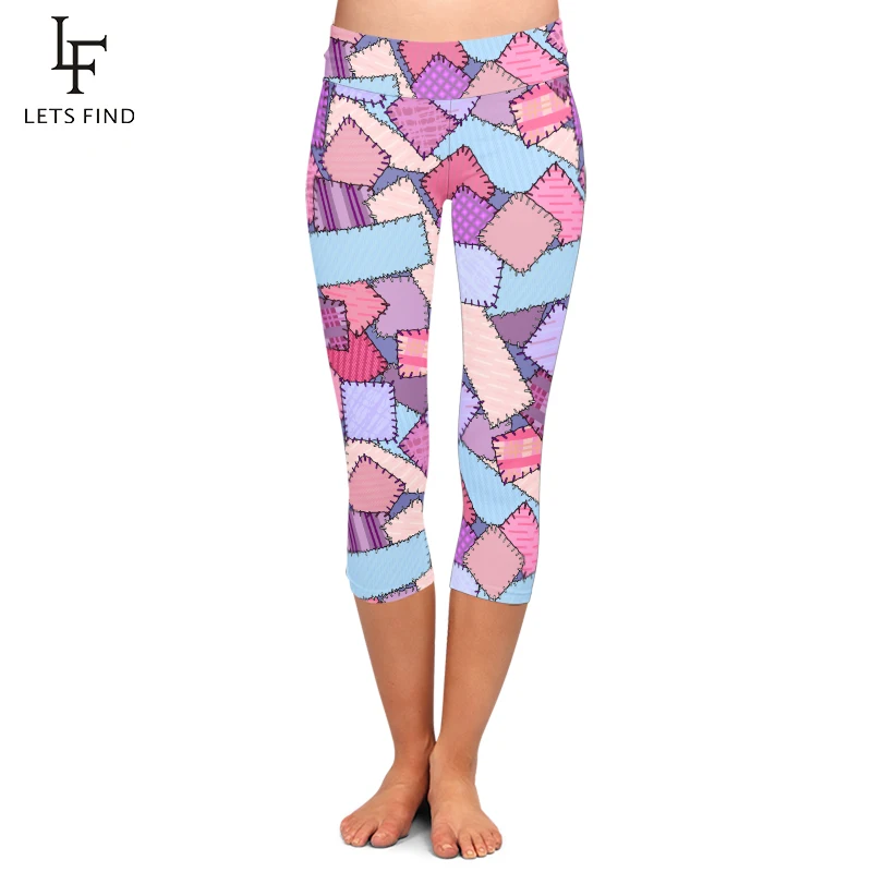 

LETSFIND Summer New Capri Leggings Multicolor Patch Printing Fashion Mid-Calf 3/4 High Waist Plus Size Casual Women Leggings