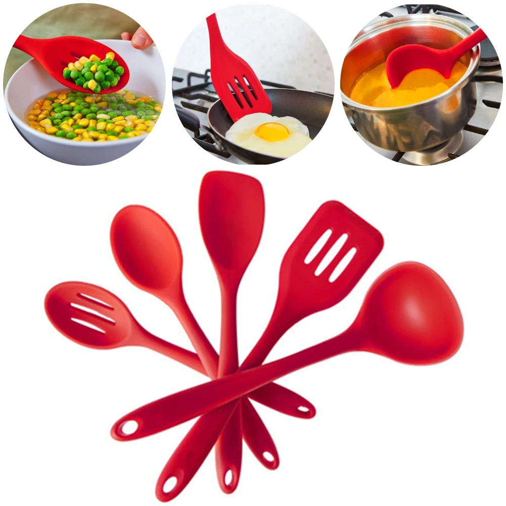 

5Pcs Non Stick Cooking Utensil Set Cookware Red Spatula Silicone Heat-Resistant Spoon Kitchen Accessories Baking Tools