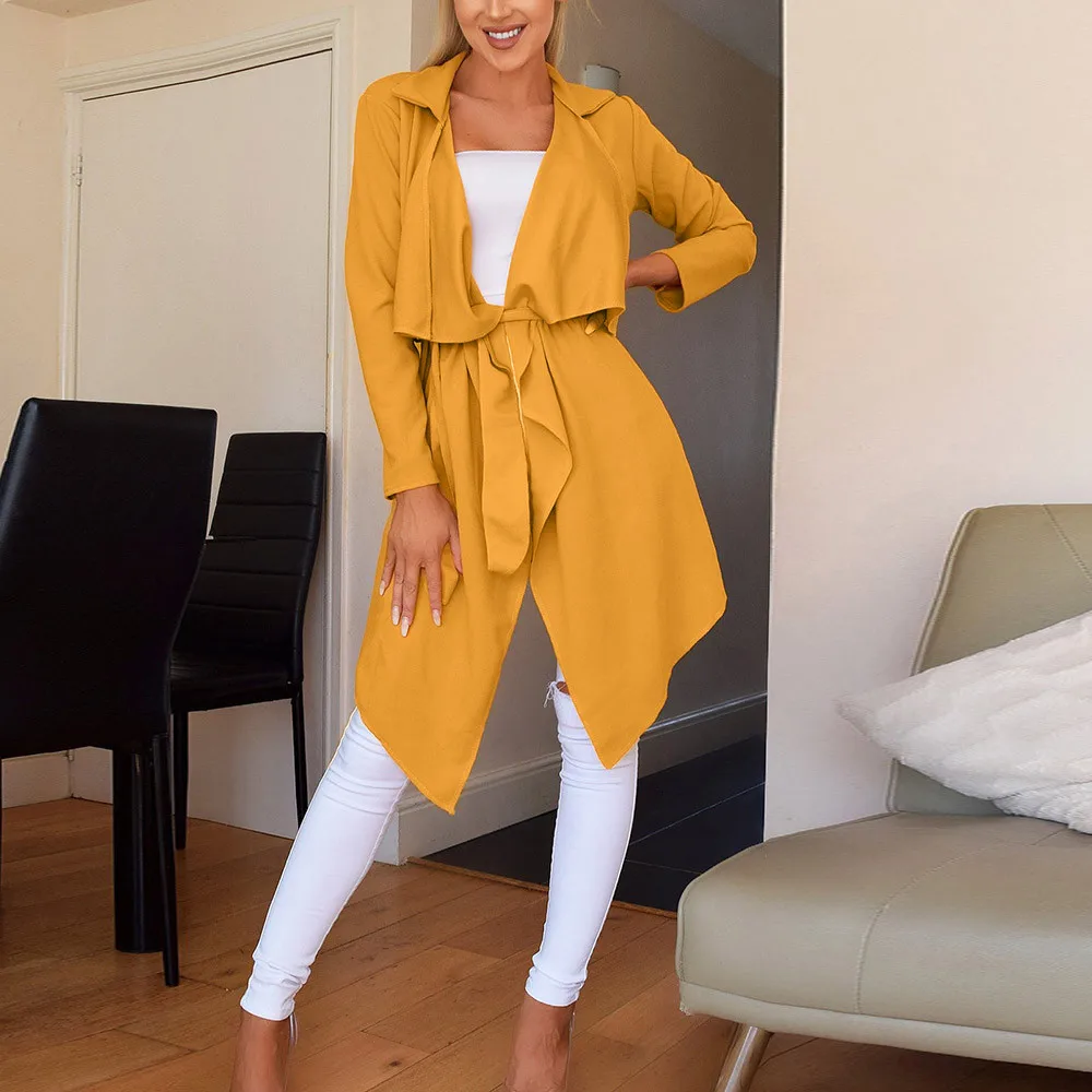 

Autumn Fashion Casual Long Sleeve Solid Colors Lapel Cardigan Trench Irregular Hem Long Women Open Stitch Trench Coats NQ835632