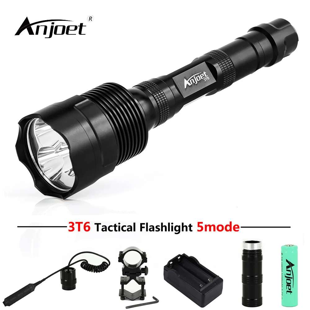 Goede ANJOET Tactische Zaklamp Aluminium Lantaarn 6000Lm XML 3xT6 licht 5 Mode LED Zaklamp + Batterij + Lader + Afstandsbediening schakelaar + Gun Mount