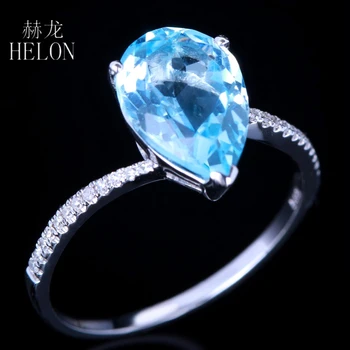 

HELON 925 Sterling Silver 3.127ct Blue Topaz 11x8mm Pear Shape & Pave 0.1ct Diamonds Engagement & Wedding Women's Jewelry Ring