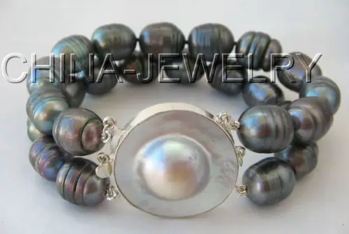 

8" 2row 14mm black baroque freshwater pearl bracelet-925 silver Mabe pearl clasp@^Noble style Natural Fine jewe SHIPPING 5.25