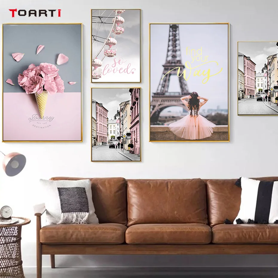 Pink Rose Paris Girls Landscape Home Decor Wall Art Flower Posters Canvas Prints