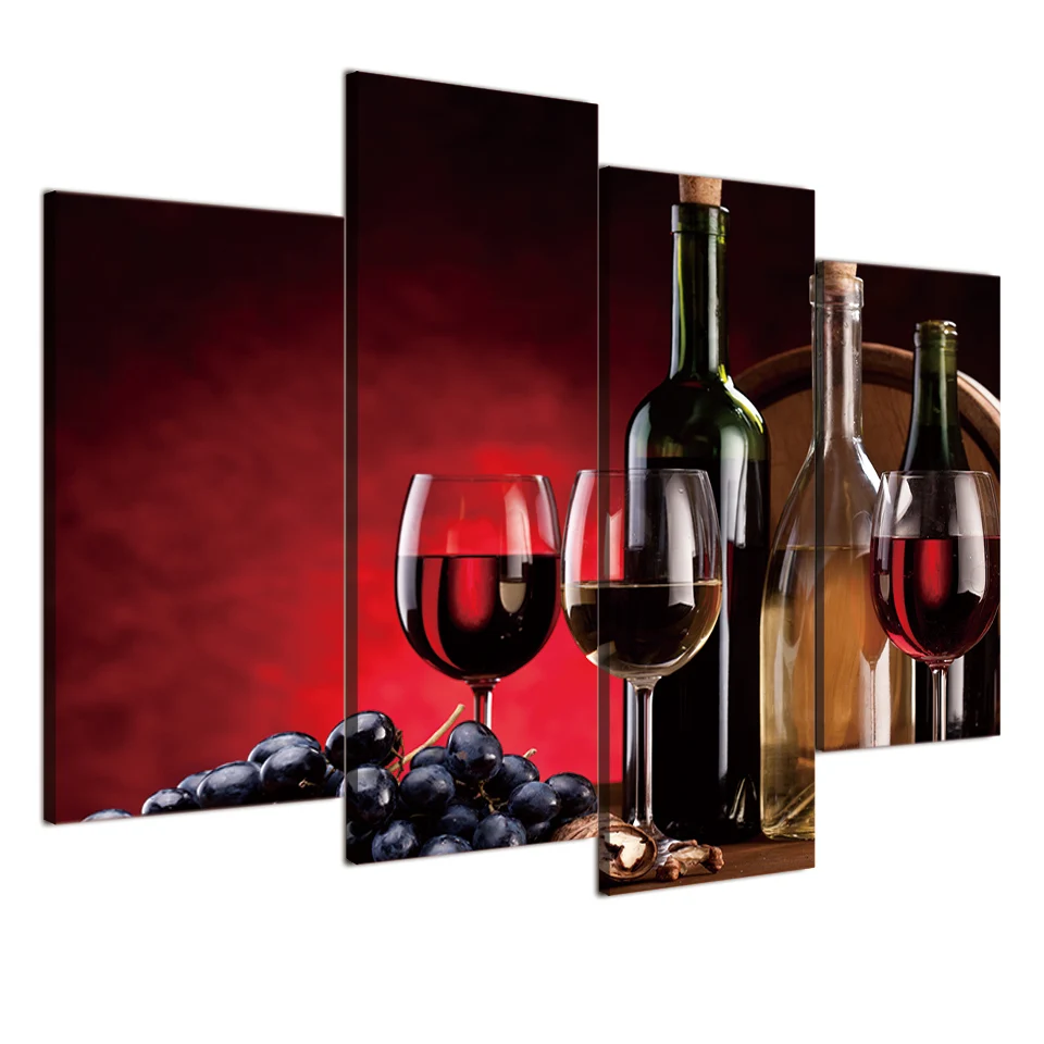 Картина на холсте, настенная живопись, HD печать, 4 панели, красное вино, Виноградная чашка, картины для гостиной, кухни, украшение для дома, декор XA-1765D