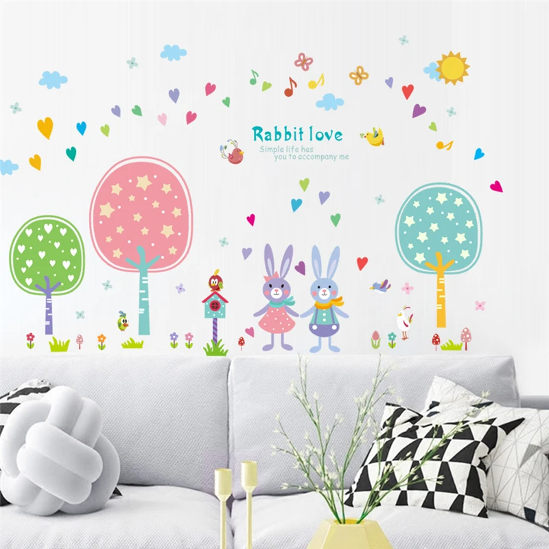 

cute rabbit birds love tree wall stickers for kids rooms home decor cartoon animals wall decals pvc mural art diy posters