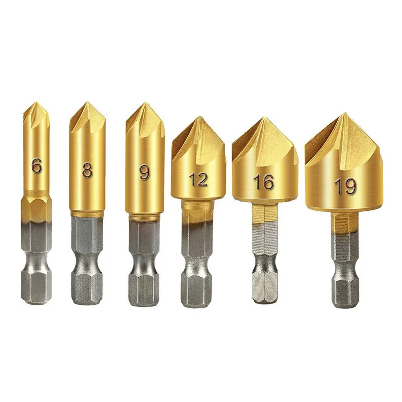 

6pcs/set 5 Flute Chamfer Countersink 1/4" Hex Shank HSS Wood Chamfering Cutter Chamfer 6/8/10/12/16/19mm Countersink Drill Bit