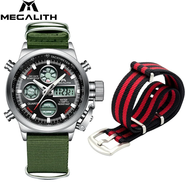 

MEGALITH Fashion Quartz Watches Set For Men LED Dual Display Analog Digital Nylon Strap Sports Waterproof Men's Watches
