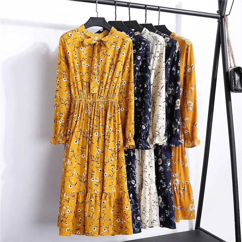 

Summer Autumn Chiffon Print Dress Casual Cute Women floral Long Bowknot Dresses Long Sleeve Vestido S-XL Size