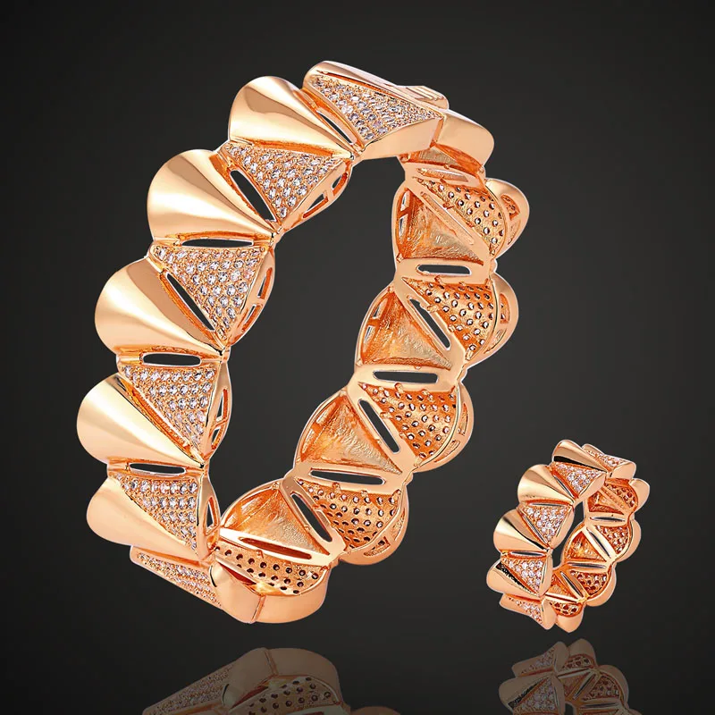 

Zlxgirl jewelry AAA Cubic zircon Copper Wedding Bangle & Rings jewelry Sets metal Gold color Women bangle ring accessories set