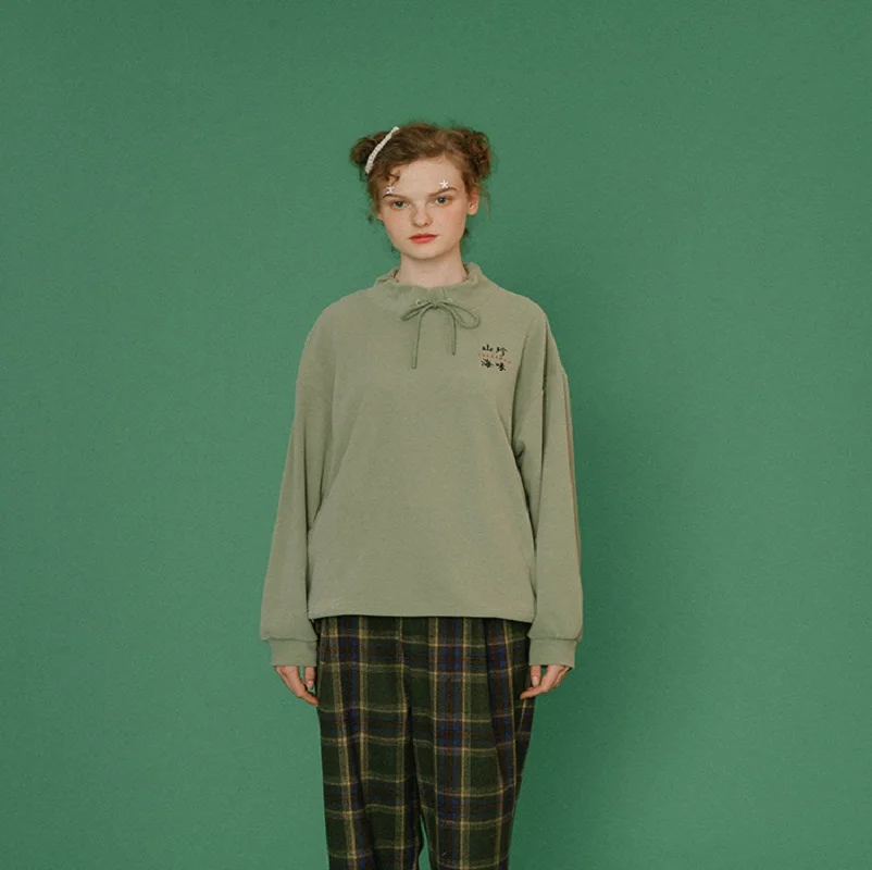 

2019 Design Casual Women Fleece Sweatshirt Lace Up Tie Collar Green Hoodies Long Sleeve Femme Thick Pullover Jumper Tops Pretty