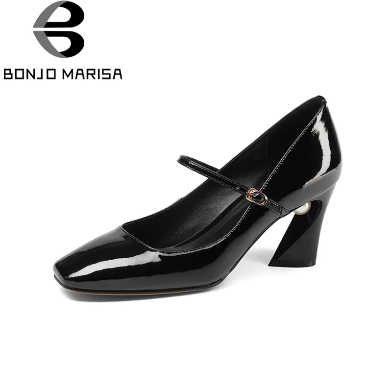 

BONJOMARISA New Mary Janes Genuine Leather Square High Heels Buckle Strap Shoes Woman Concise Spring Pumps Big Size 33-43