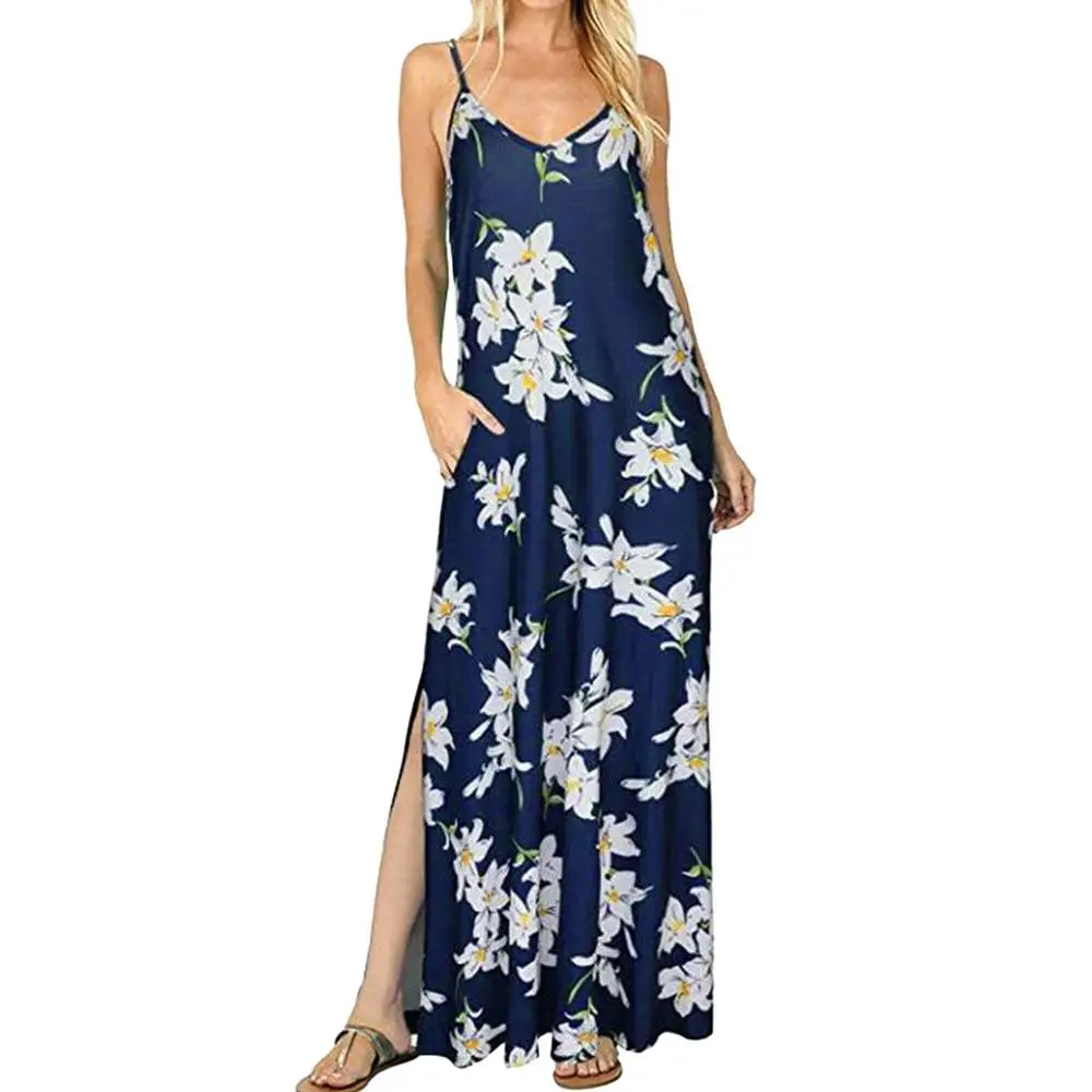

EIJOQAN spring summer New Slender Leisure Printed V-necktie Suspender Long Dress Women's wear Spaghetti Strap Bohemian A250