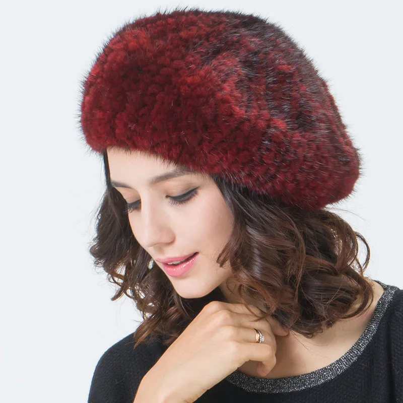 

2015 Winter 100% Real Mink Fur Hat Women's Mink Fur Beret Hat Mink Fur Thick Knitted Elastic Cap SU-14119 Free Shipping