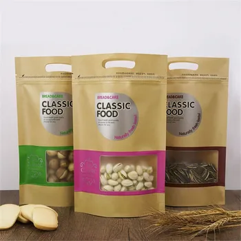 

300PCS/Lot Heat Seal Stand Up Valve Ziplock Kraft Paper Pack Bags Window Biscuit Zipper Storage Pouch