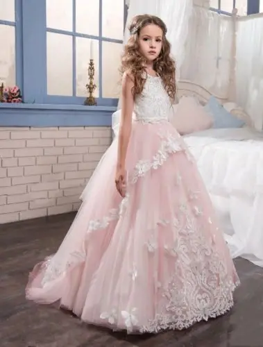 Новая линия лук-аппликация платье с цветочным узором для девочек Винтаж свадеб случаю Дня рождения праздничные на заказ принцессы пачка детская ЮБК