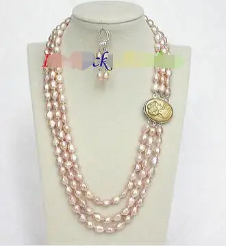 

Free Shipping >> new hot 20" 3row 12mm baroque pink-purple pearls necklace dangle Earring j8491