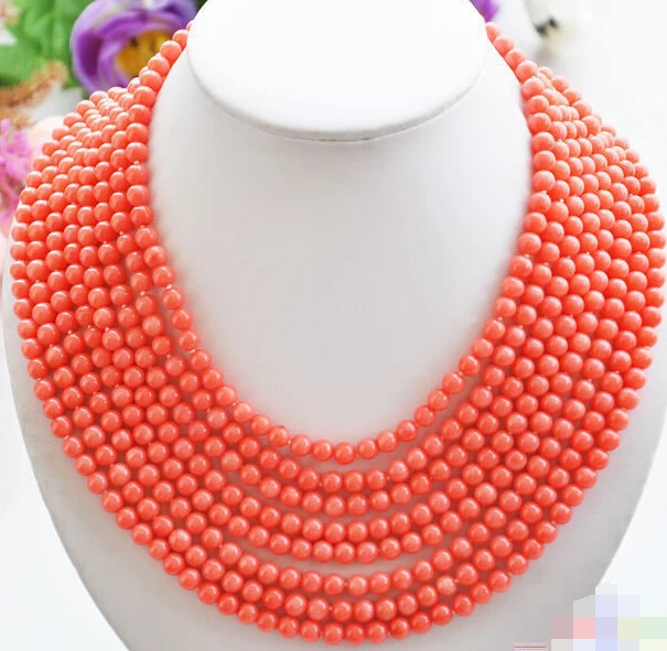 

FREE SHIPPING>>>@@ Hot sale S>>>>>Real 8row 16"~22" 6MM round pink coral bead necklace