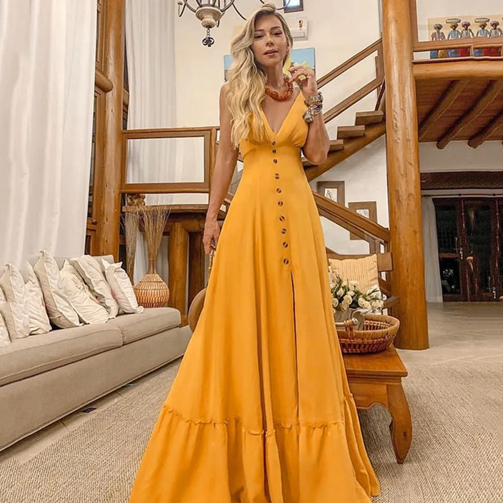 

2019 yellow dresses Women Sexy Deep V lace summer dresses Sleeveless Neckless Long wedding elegant Dress robe femme 0.4