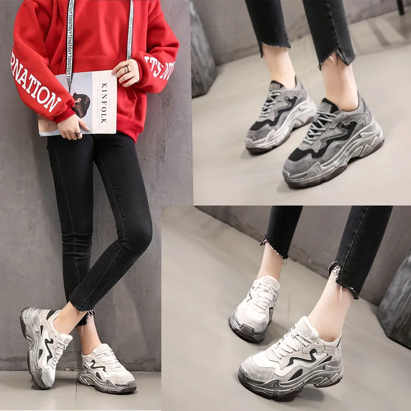

2019 spring old shoes spring and autumn thick leather casual shoes increased breathable dirty shoes women