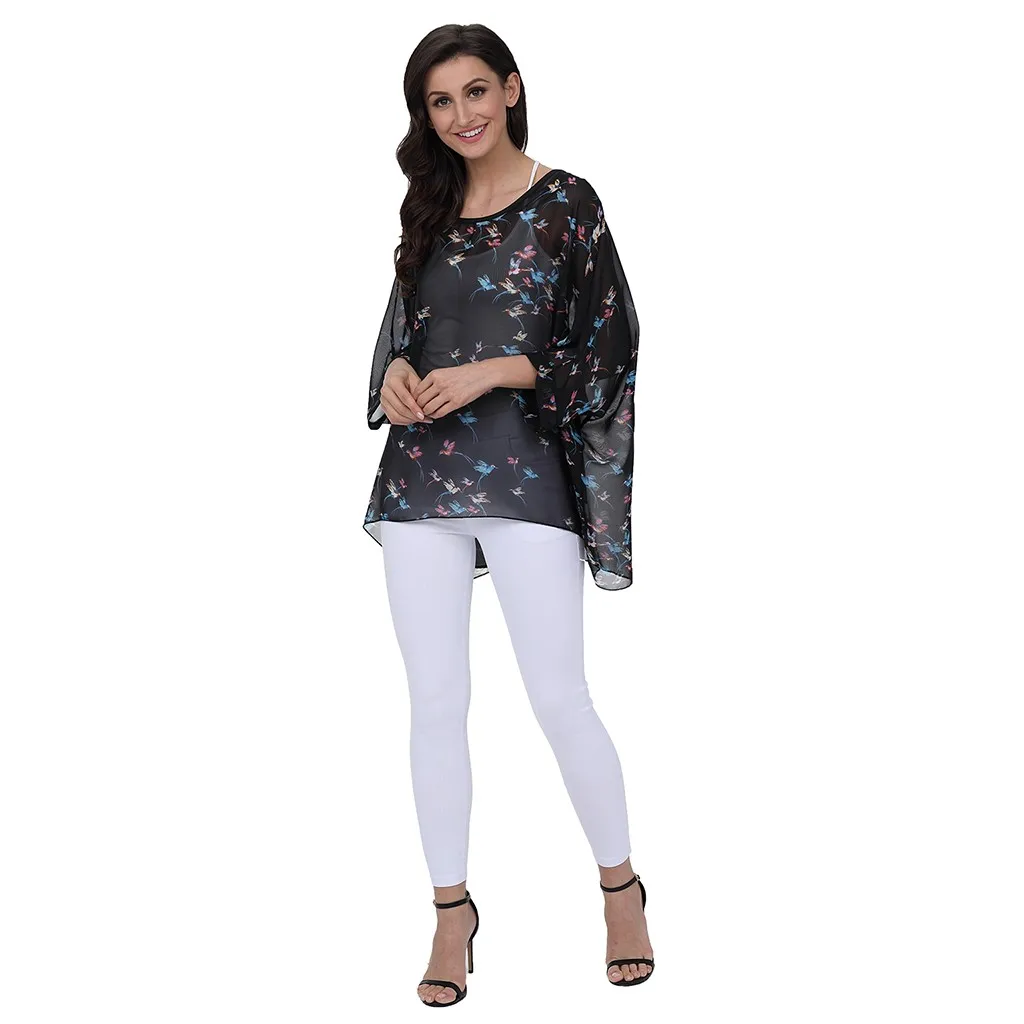 

Women's Floral Print Batwing Sleeve Chiffon Poncho Blouse Summer Tunic Tops womens tops and blouses women shirts ladies tops