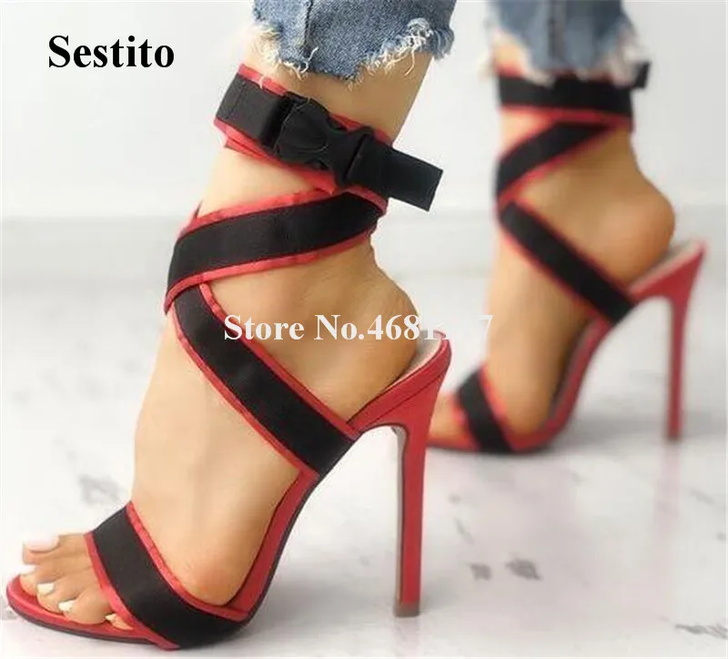 

Summer New Fashion Women Open Toe Stripes Straps Cross Stiletto Heel Gladiator Sandals White Red Buckle High Heel Sandals