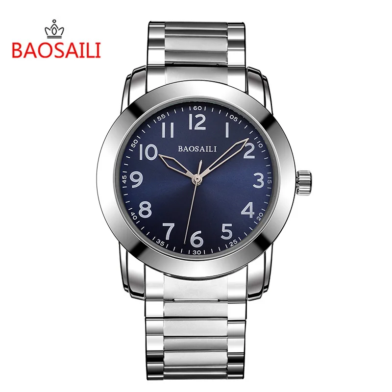 

BAOSAILI Men Blue Dial Simple Design Arab Fixtures Elastic Strap Silver Watches Movement Stainless Steel Men Watch Bs8202