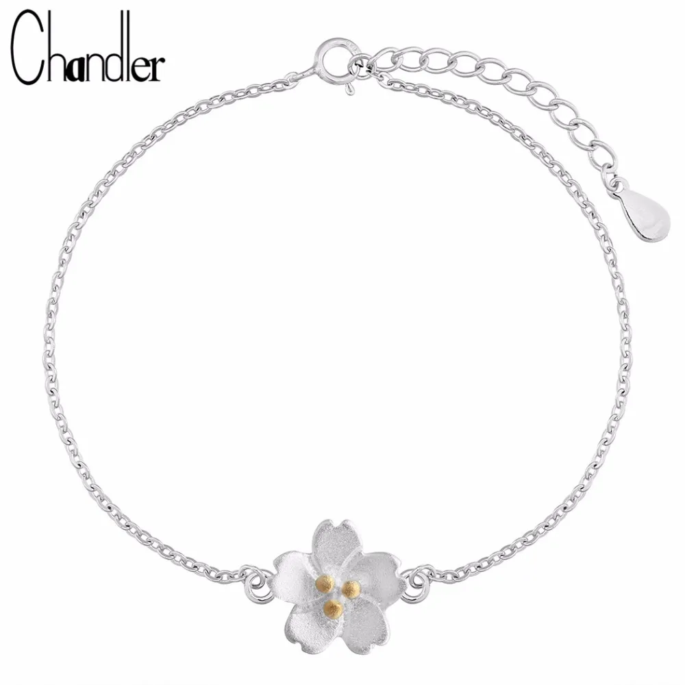 

Chandle 925 Sterling Silver Cherry Flower Bracelet & Bangle For Women Kids Slim Link Chain Love Femme Homme Bijoux Drop shipping