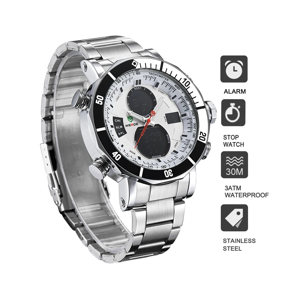 

WEIDE luxury men quartz watch stainless steel date digital led white round big dial water resistant watches automatic self-wind
