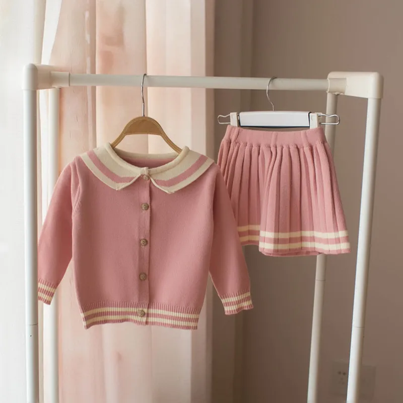 

new 2019 Spring Toddlers Kids Clothing Sets Knitted Cardigan Sweater Pleated Skirt 2pcs Baby Girls Cute Outfits Children Suits
