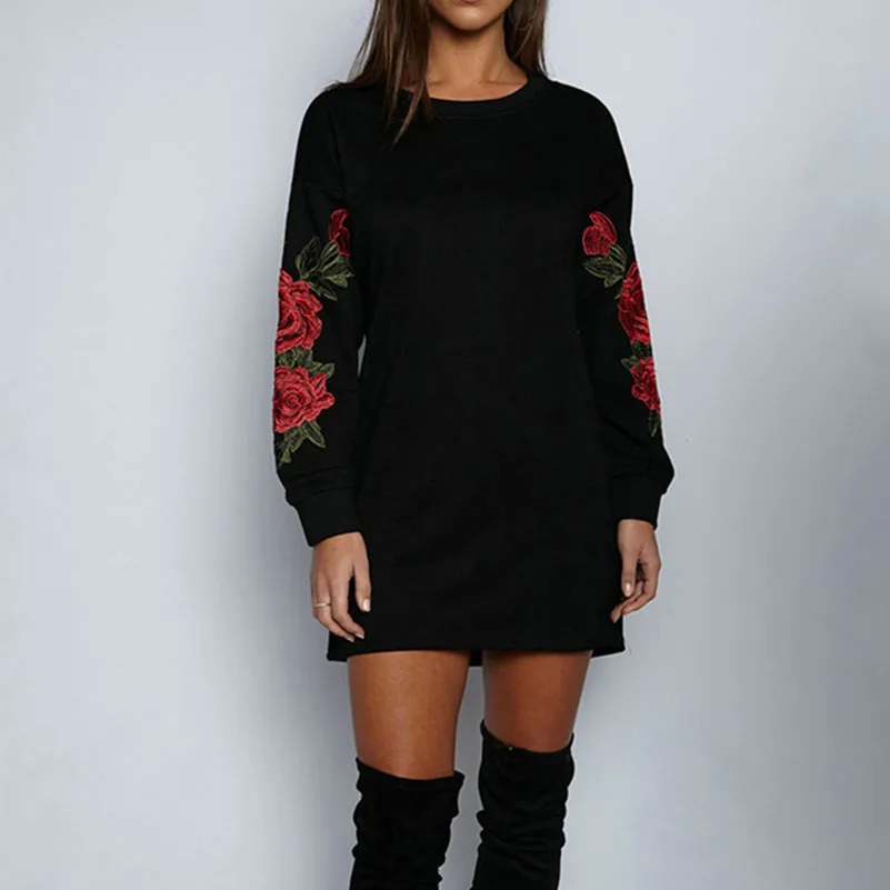 

Floral Embroidery Women Hoodies Sweatshirts Dress Plus Size Casual Cotton Harajuku Autumn Sexy Mini Pullovers Dress Female -N
