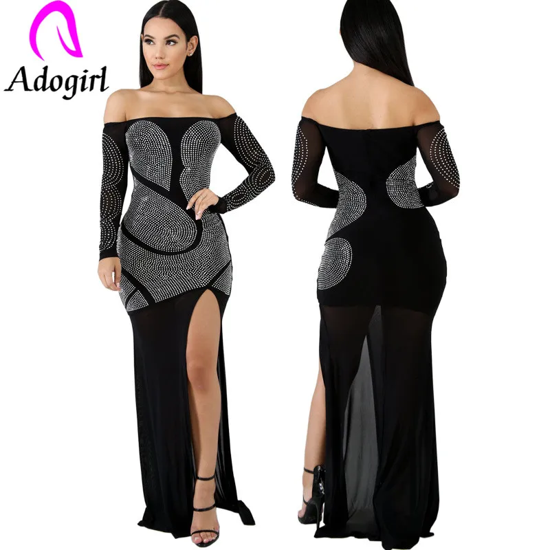 

Adogirl rhinestone slim dress slash neck long sleeve drilled vintage dress high split wave point mesh dress high quality dress
