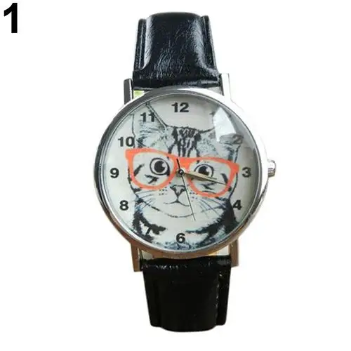

Glasses Cat Pattern Faux Leather Band Analog Quartz Wrist Watch Women Xmas Gift Bracelet