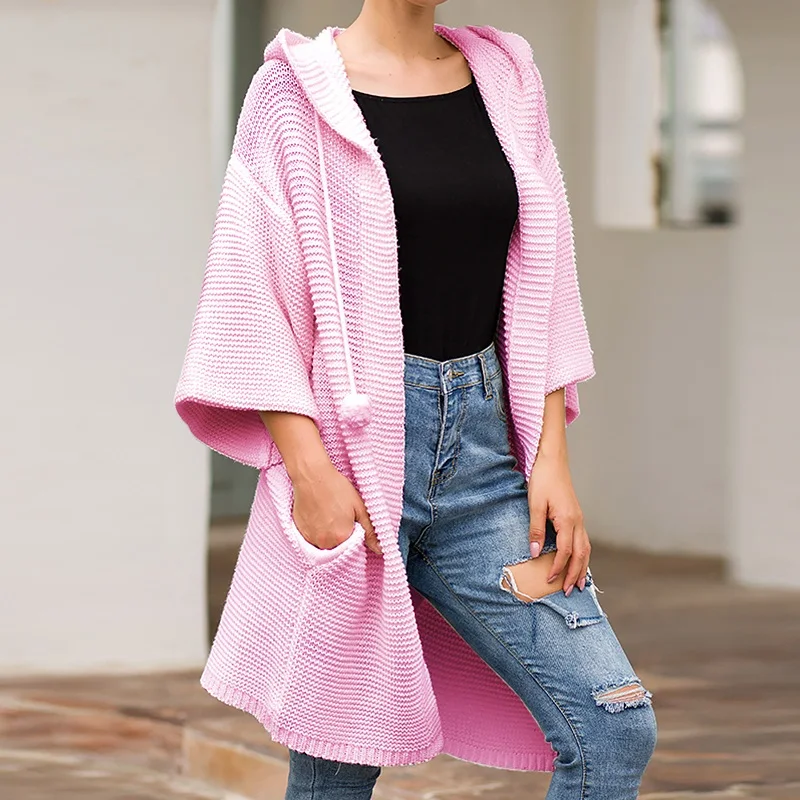 Осенне-зимнее кашемировое пальто для женщин, длинный стильный кардиган с капюшоном, свитер, Женская Повседневная вязаная уличная одежда, свитер с карманами, джемпер розового цвета - Цвет: Розовый