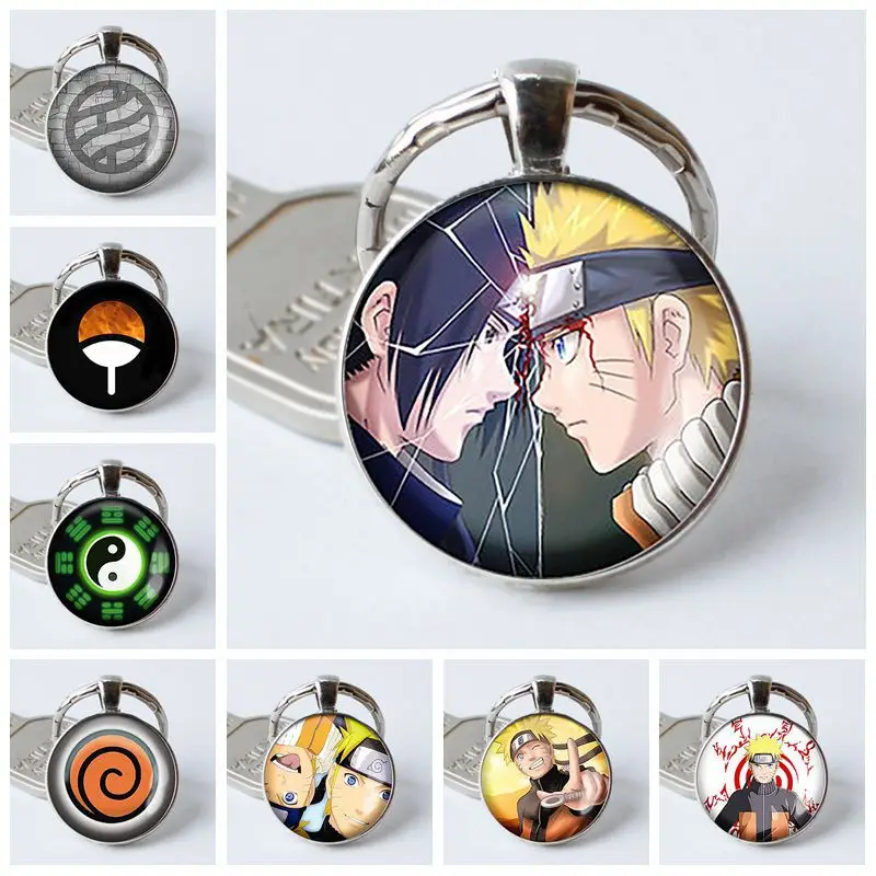 

36 style Naruto sasuke Alloy necklace with rope fashion Glass pendant Sasuki Family badge double-sided keychain for women