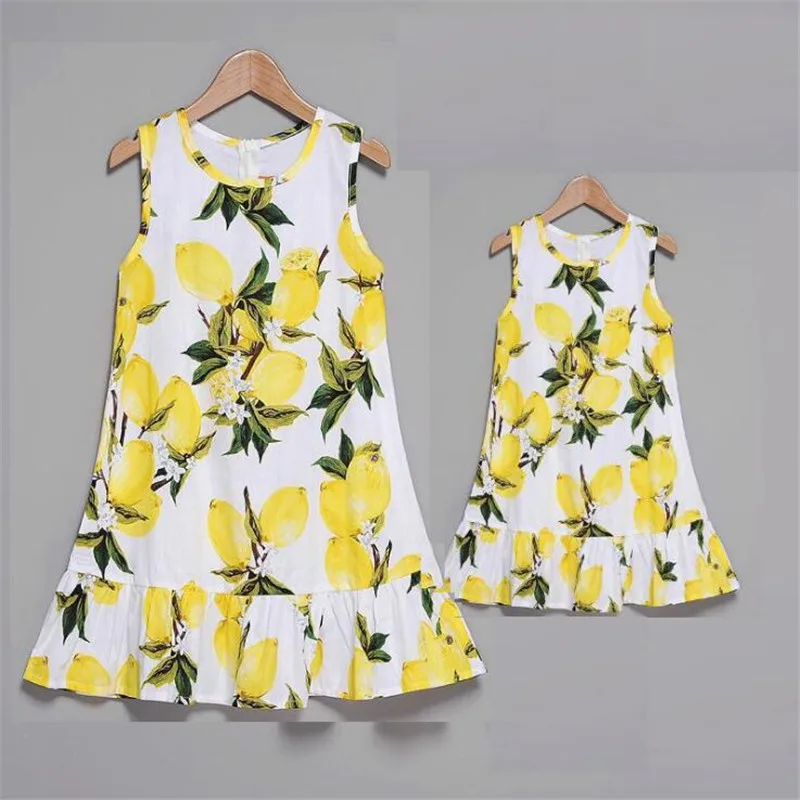 Lemon-Mother-and-Daughter-Dresses-Family-Look-Sleeveless-Mommy-and-Me-Clothes-Mom-Mum-and-Baby