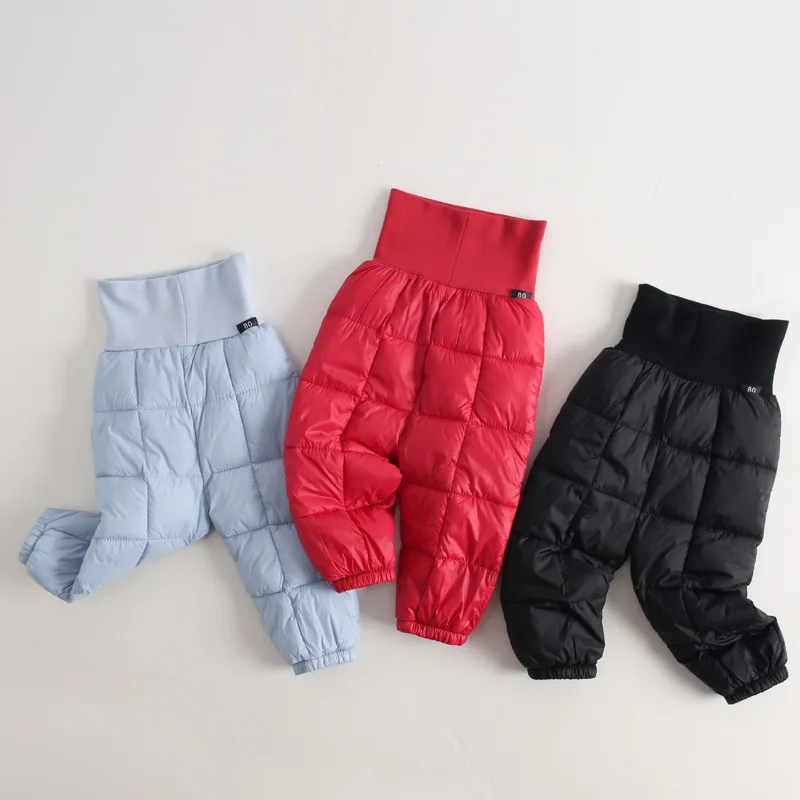 

autumn winter baby clothing pure color big plaid nylon elastic high waist thick boys girls pants warm baby kids loose clothes