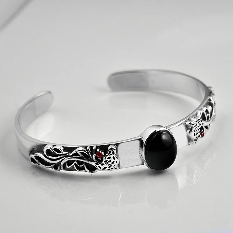 FNJ 925 Silver Bangle Black Stone Vintage Open Size Adjustable Original S925 Sterling Silver Bangles for Women Men Jewelry