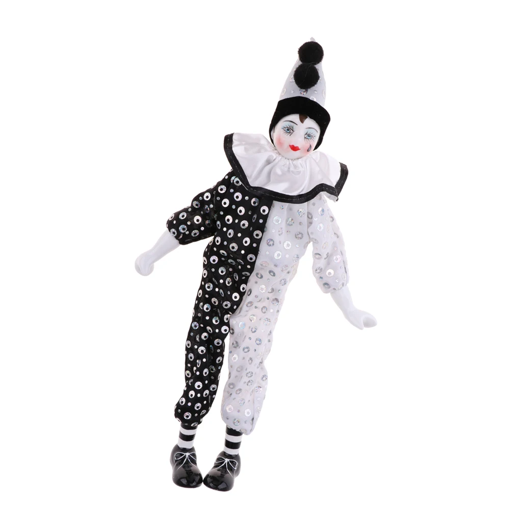 

38cm Porcelain Hanging Foot Clown Doll Harlequin Doll Home Office Desk Shelf Display Ornaments Black & White