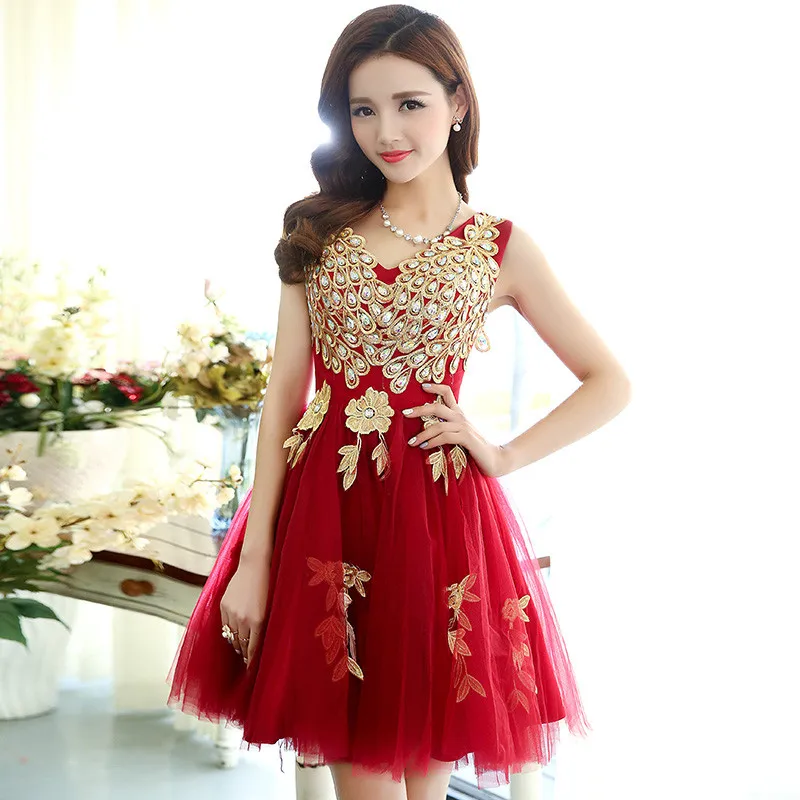 

LEDEDAZ Royal Blue / Burgundy Bridesmaid Dresses Appliqued Short V Neck Sleeveless Formal Wedding Party Dress With Crystals