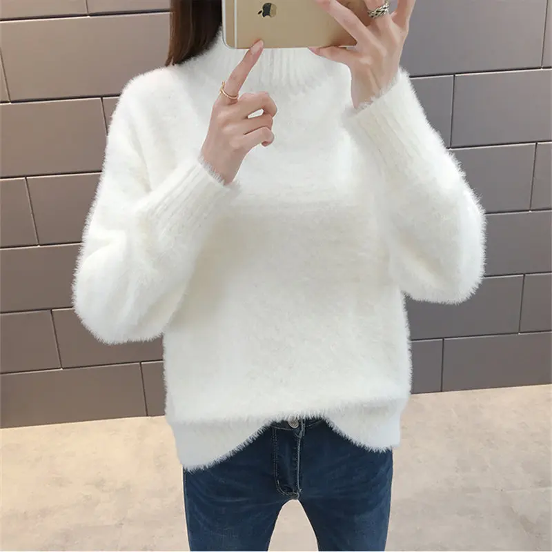 Winter Turtleneck Sweater Korean Faux Fur Long Sleeve Fluffy Pullover Women Knitted Jumper 2018 Winter Warm Sweaters