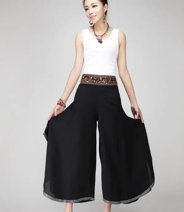 Summer 2019 Women Ethnic Style High waist Embroidery printed pants Ladies girls Elastic waist Cotton Linen Wide leg p Summer 2019 Women Ethnic Style High waist Embroidery printed pants Ladies girls Elastic waist Cotton Linen Wide leg p