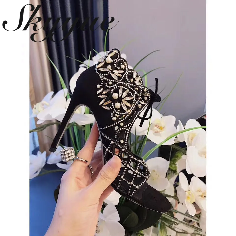 

New Black Genuine Leather Gladiator Lace Up Women Sandals Sexy Open Toe Cystal Jewel Summer Sandals Shoes Women