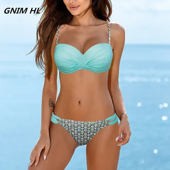 

Sexy Push Up Bikini Mujer 2019 Swimwear Solid Color Bra Print Bottom Swimming Suit Brazilian Beach Wear Swimsuit Women Two Piece