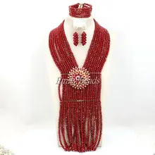 Потрясающие африканские Свадебные украшения наборы ювелирные изделия в нигерийском стиле Бусы набор Красный подарок для невесты бусы ожерелье набор AMJ348