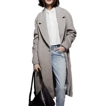Buenos Ninos 2016 Solid Grey Long Sleeve Turn-down Neck Autumn Woolen Coat for Women One Button Sashes X-Long Outwears 10