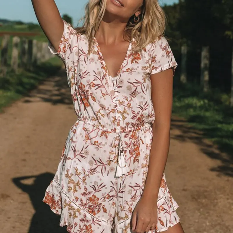 

Sexy Beach Casual Jumpsuit Short Women 2019 Boho Floral Print Chiffon Rompers Holiday Ladies Fashion Ruffle Chic Summer Playsuit